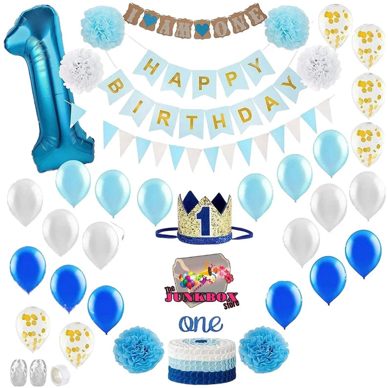 1st Birthday Party Pack Bundle Turning One Birthday Banner Balloons Cake Topper Blue or Pink Party Pack