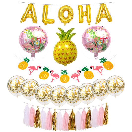 Tropical Aloha Pineapple Flamingo Hanging Banner Confetti Filled Balloons Luau Party Pack Decorations Bundle