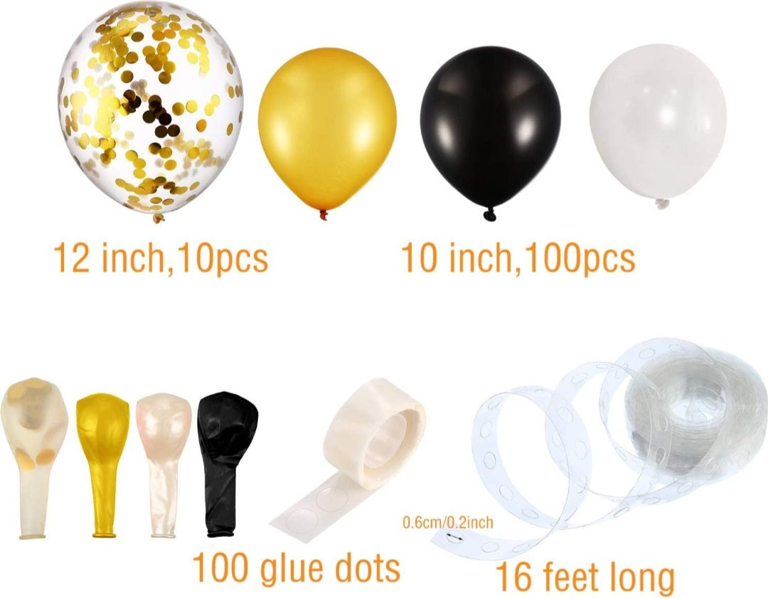 16 FT Balloon Garland Arch Kit / Black and Gold / 100 Balloons / 100 Glue Stickers