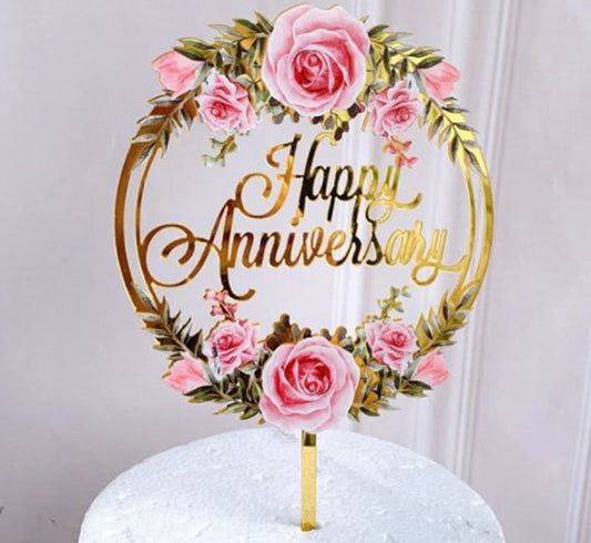 Shiny Floral Acrylic Happy Anniversary Mr & Mrs Cake Toppers Wedding Party Decor