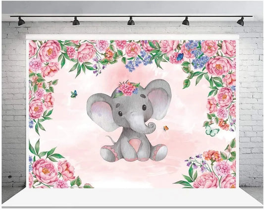 5' x 7' Baby Elephant Backdrop Photo Booth Birthday Baby Shower Gender Reveal Baby Photoshoot Background Hanging Vinyl Backdrop