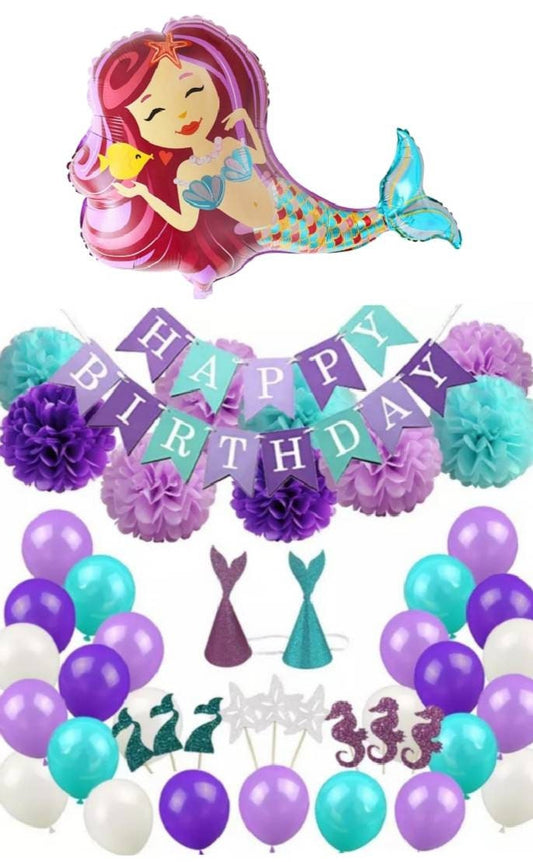 Happy Birthday Little Mermaid Under the Sea Theme Party Girl Birthday Purple Bundle Balloons Pom Poms Variety Party Pack Table Decorations
