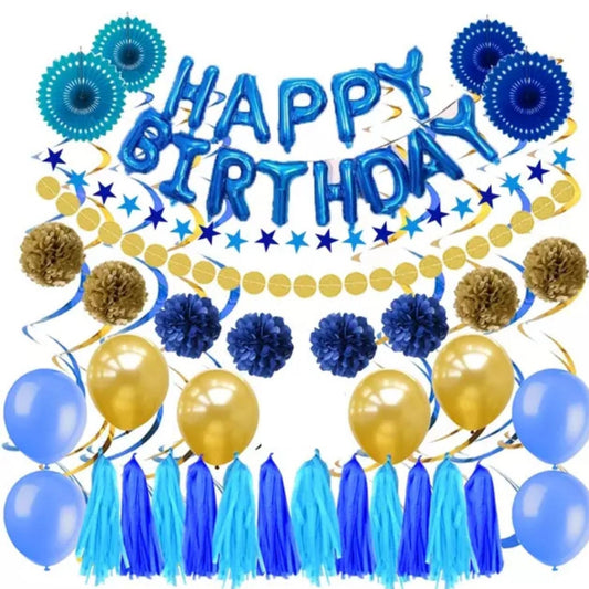 Happy Birthday Blue & Gold Balloons Paper Fans Pom Poms Hanging Swirls Party Pack Bundle