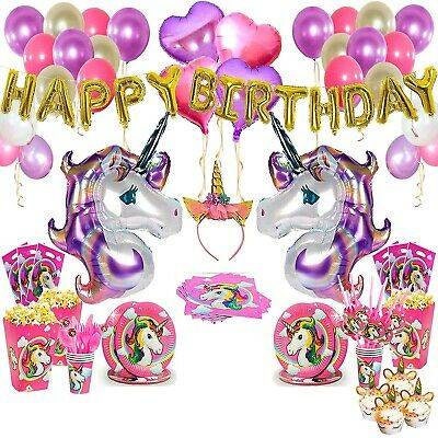 Happy Birthday Pink Purple Unicorn Rainbow Theme Mylar Balloons Tableware Treat Box Candy Bags Girl Unicorn Headband Party Pack Bundle Set