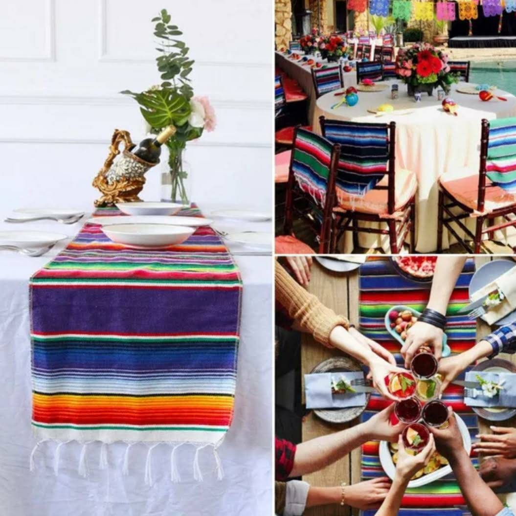 14" X 84" Serape Multi-color Mexican Fiesta Woven Cotton Washable Reusable Table Runner for Home Table Party Decoration
