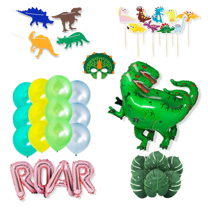 Dino T-Rex Dinosaur Theme with Dino Mask Green Yellow Balloon Bundle Birthday Decorations Party Pack