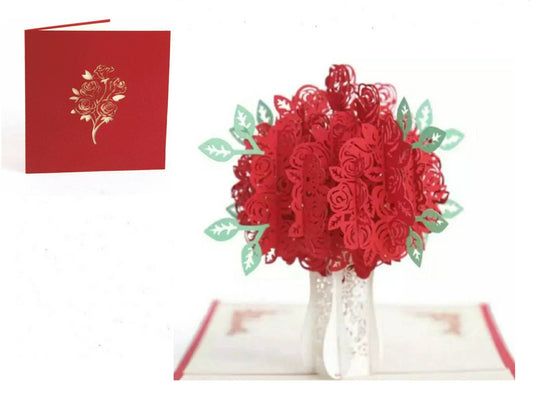 3D Pop-up Red Roses Flowers Bouquet Premium Quality Card Stock Blank Greeting Card with Envelope for any occasion