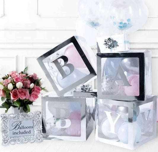 Silver Transparent BABY Balloon Boxes Babyshower Decoration Boxes with 20 Balloons Included