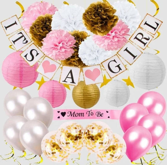 Baby Shower Party Pack Bundle Mom To Be Sash Hanging Tissue Pom Poms Pink or Blue Balloons Its a Girl or Its a Boy Party Decorations
