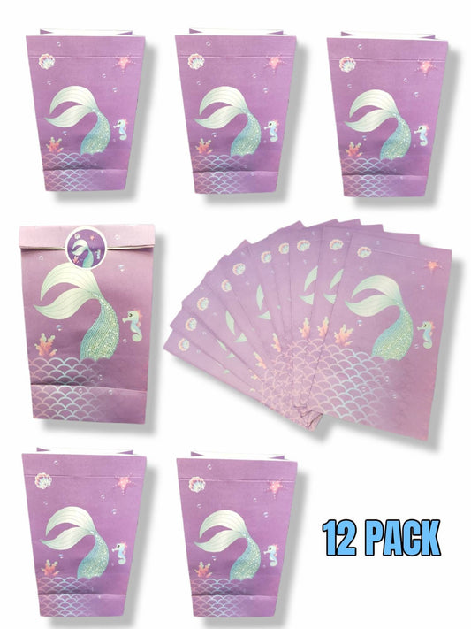 Pack of 12 Mermaid Premium Quality Kraft Paper Goodies Party Favor Bags with Stickers for Treats Candy Cookies
