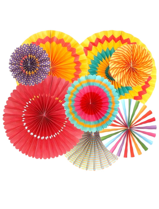 8pcs Fiesta Circus Taco Bout It Multi Color Theme Colorful Round Hanging Rosette Paper Fans
