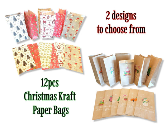Pack of 12 Merry Christmas Kraft Paper Treat Gift Candy Party Favor Bags with Stickers