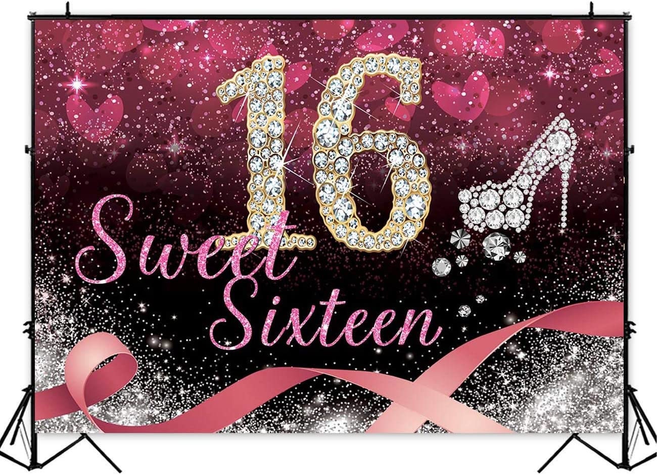 5' x 7' Sweet Sixteen Diamond Stiletto Ribbon Design Backdrop Photo Booth Background Hanging Vinyl Backdrop
