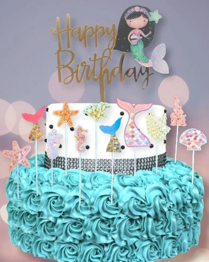 Happy Birthday Mermaid Theme Cake Toppers Multi Color Ocean Variety Pack of 12